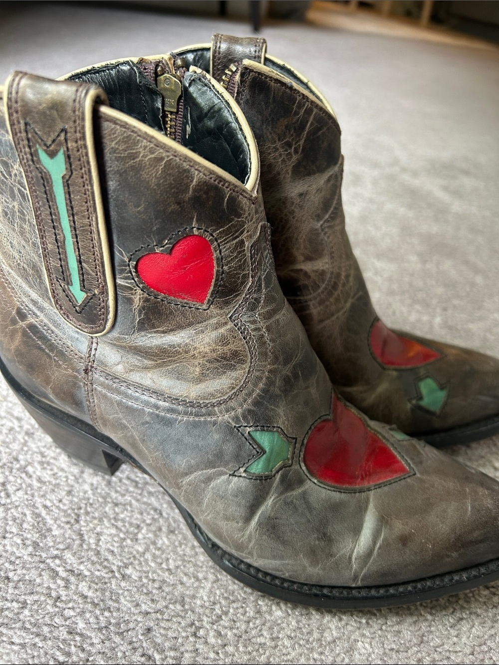Grey Brown Leather Western Boot with Red Heart Inlay - Picture 4 of 5